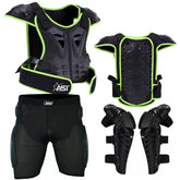Adult Sleeveless Body Armor Protective Green Lined Jacket with Black Kneepads and Black Shorts Spine Protection, Motocross Off-roading Guard