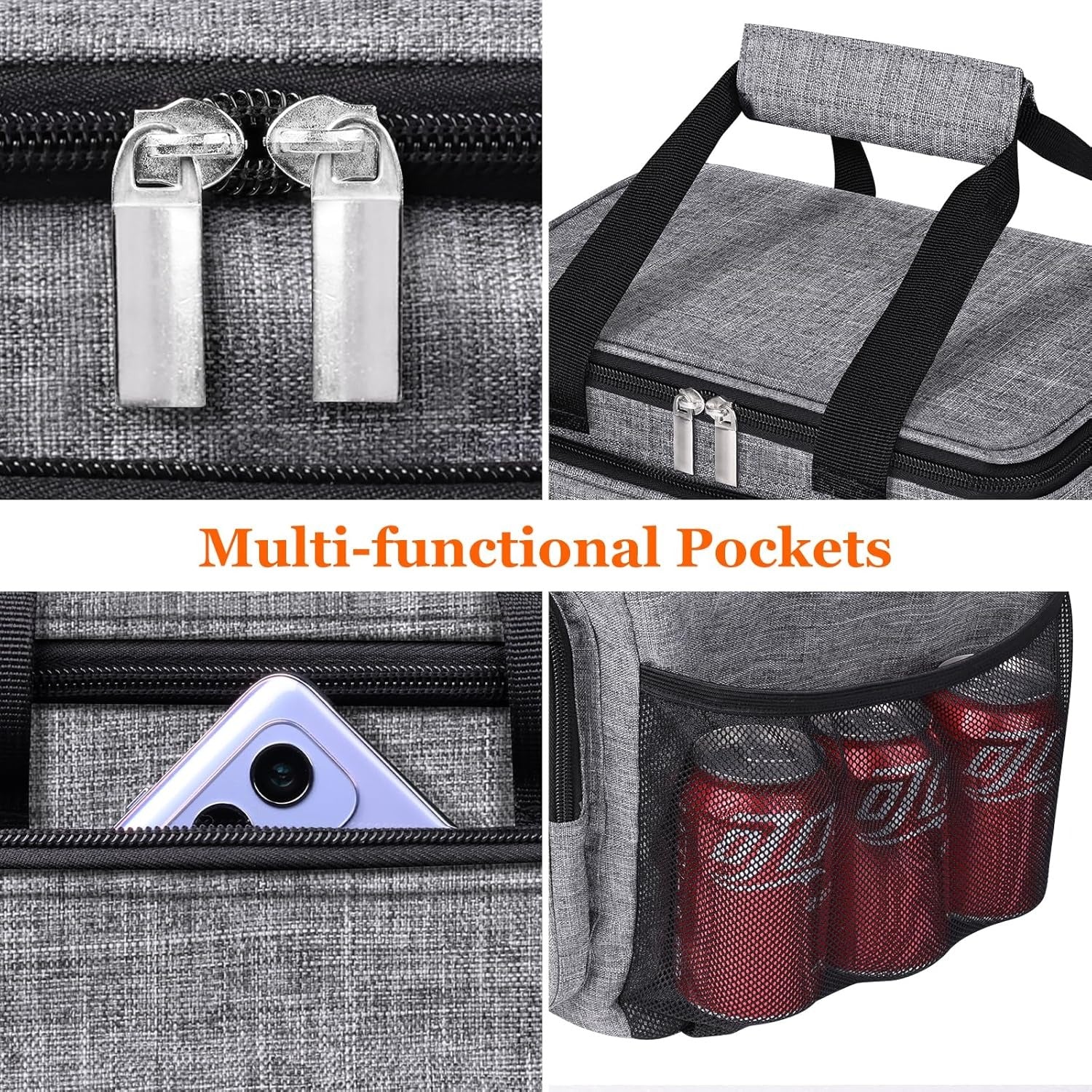 15L Large Picnic Bag Insulated Soft Cooler Easy to Handle Lunch Cooling Tote Zipper with external Pockets, 24-Can (Grey-Black)