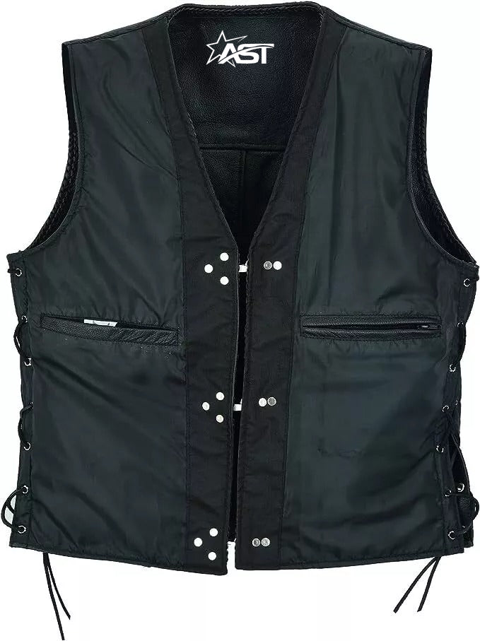 Men’s Motorbike Vest Motorcycle Leather Fish Hook Pocket Waistcoat Biker Fashion
