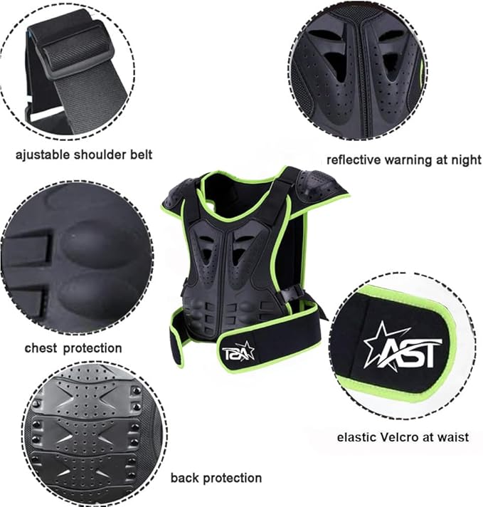 Adult Sleeveless Body Armor Protective Green Lined Jacket with Black Kneepads Spine Protection, Motocross Off-roading Guard