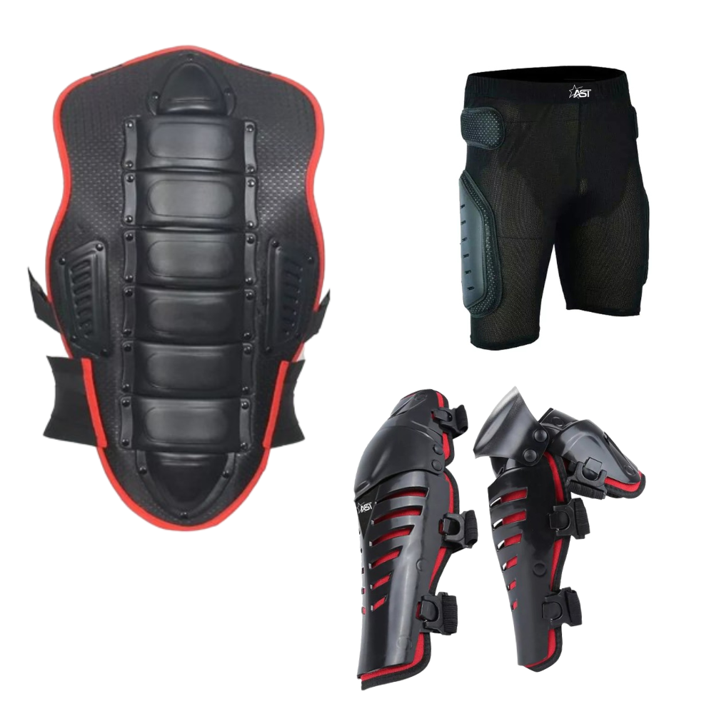 Adult Back Plate Body Armor Protective Red Jacket with Red Kneepads and Black Shorts Spine Protection, Motocross Off-roading Guard