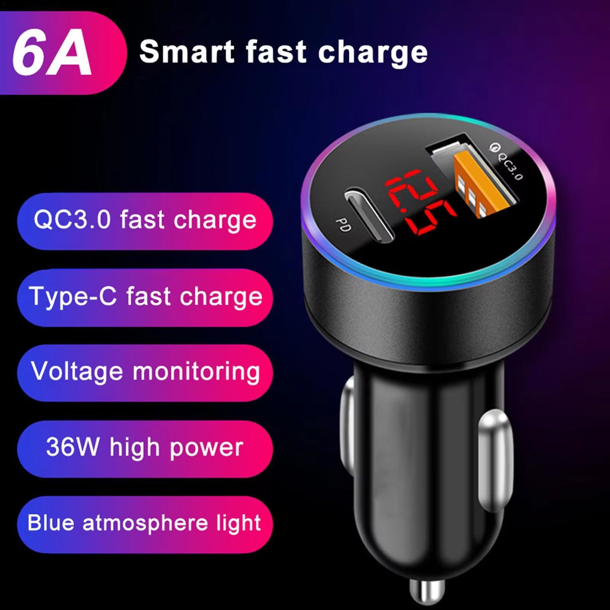USB Car Charger Socket Fast Dual PD Type-C+QC 3.0 Adapter Power Outlet 12-24V For iPhone iPad