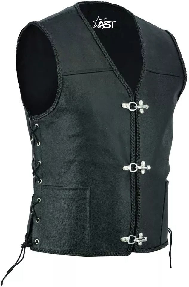 Men’s Motorbike Vest Motorcycle Leather Fish Hook Pocket Waistcoat Biker Fashion