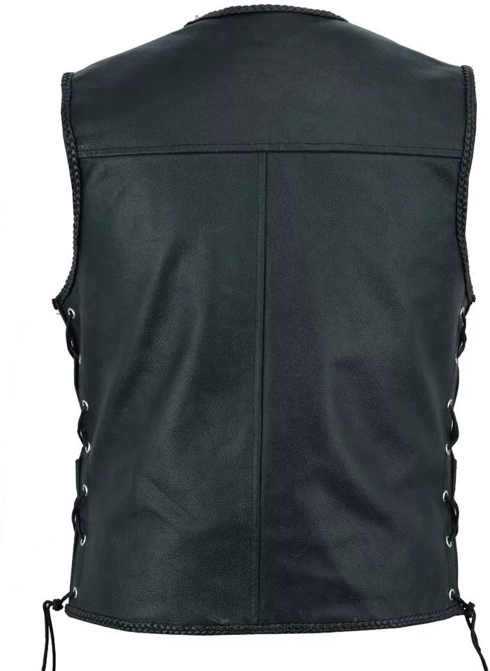 Men’s Motorbike Vest Motorcycle Leather Fish Hook Pocket Waistcoat Biker Fashion